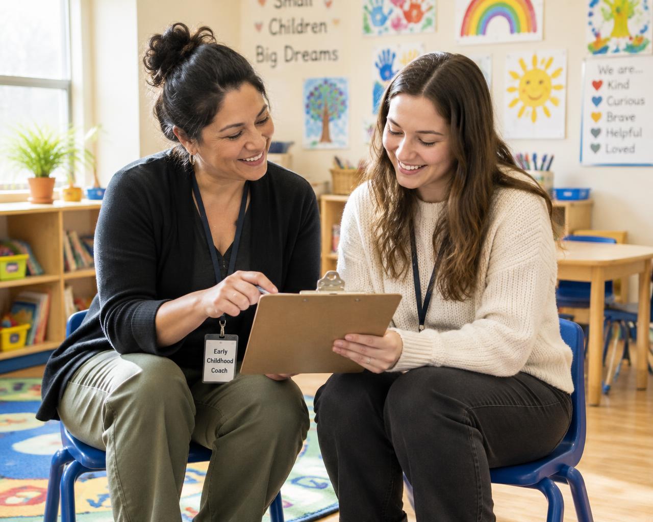 A coach and a new teacher reviewing a checklist together